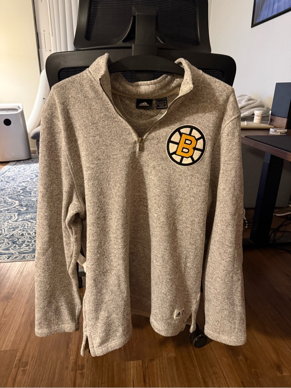 adidas Men’s Heather Gray Quarter-Zip Sweater with Bruins logo